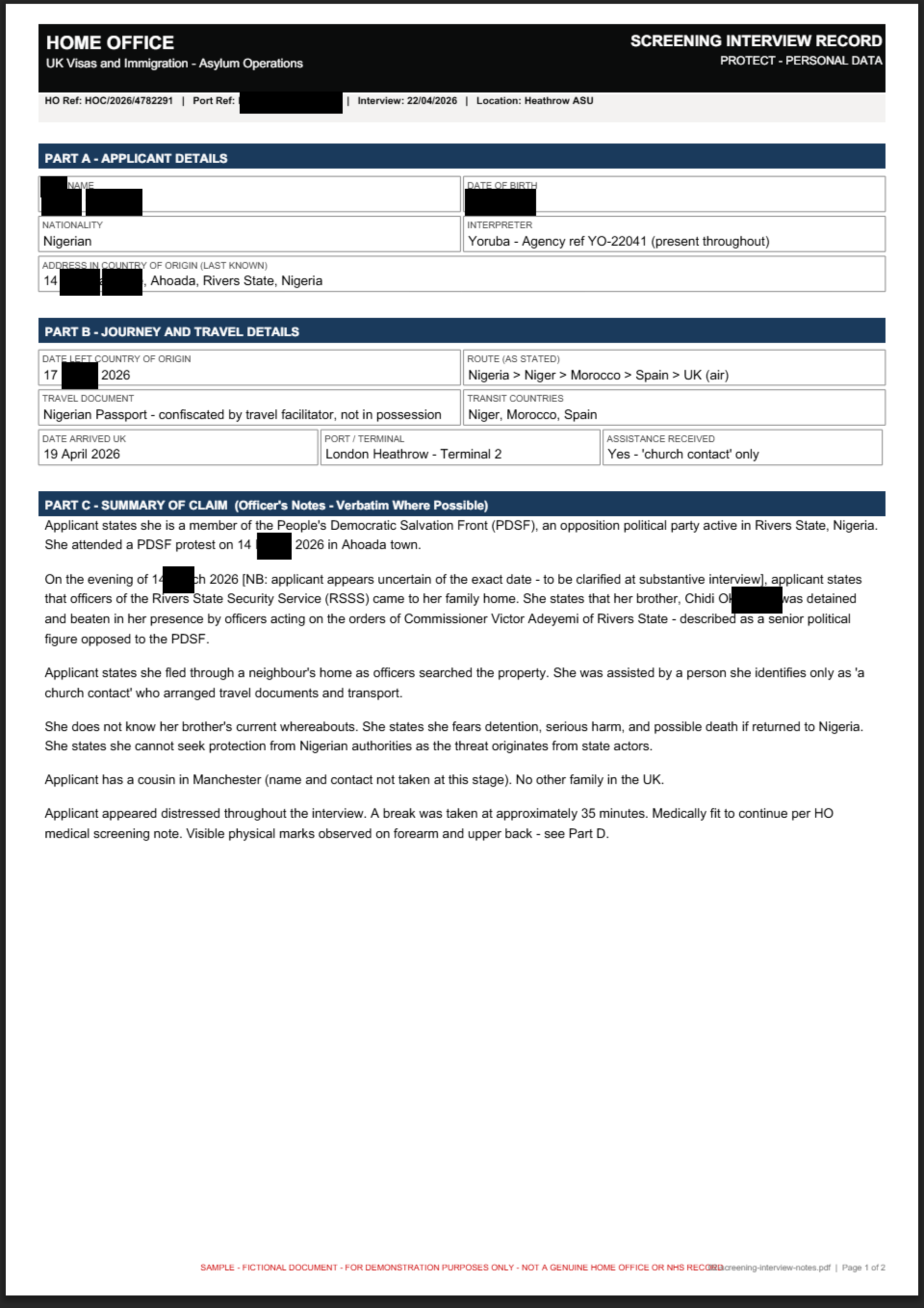 The same record after redaction — name, address, date of birth and references blacked out