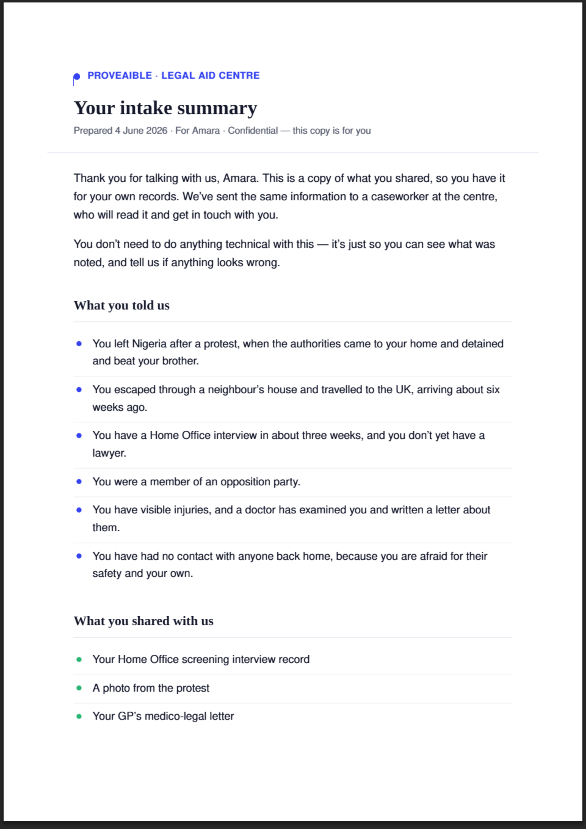 Plain-language summary sent to the client
