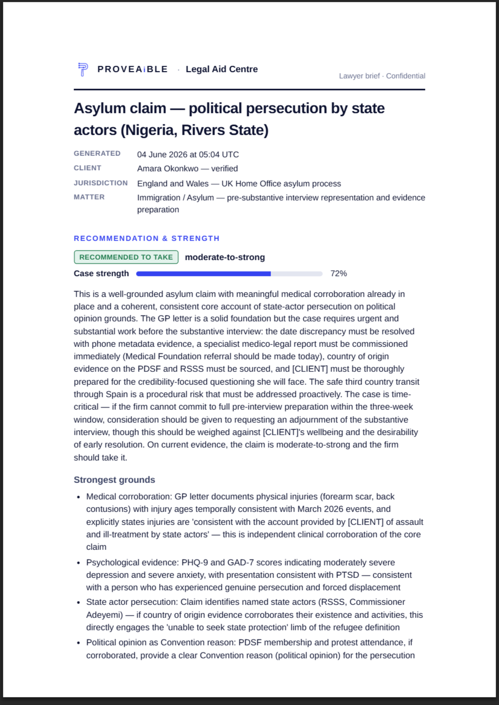 Lawyer brief — structured asylum case file